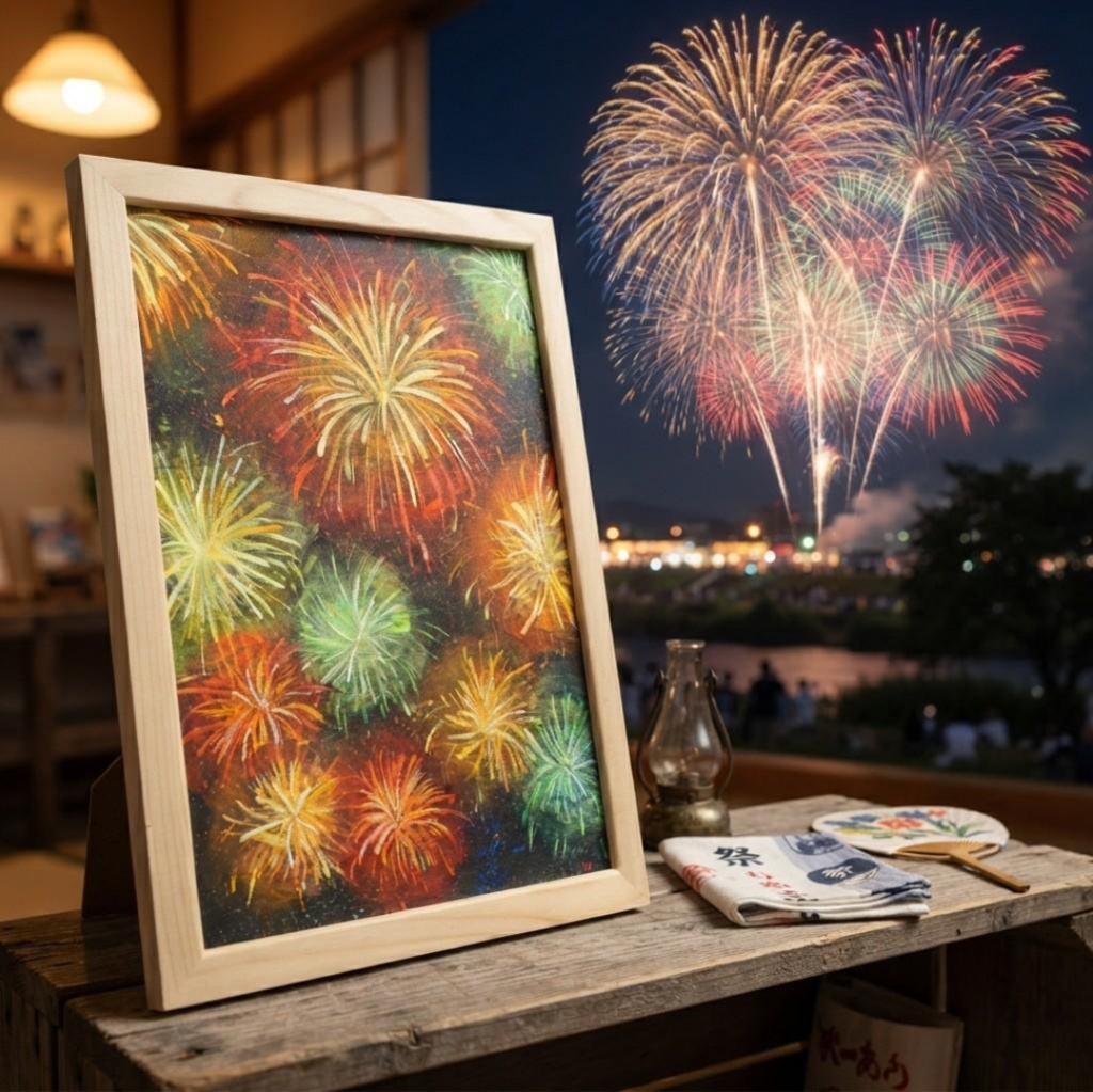 【百花繚乱の夜に】 油絵 原画 『花火』 額縁付き / 夏のインテリア アート 絵画 壁掛け