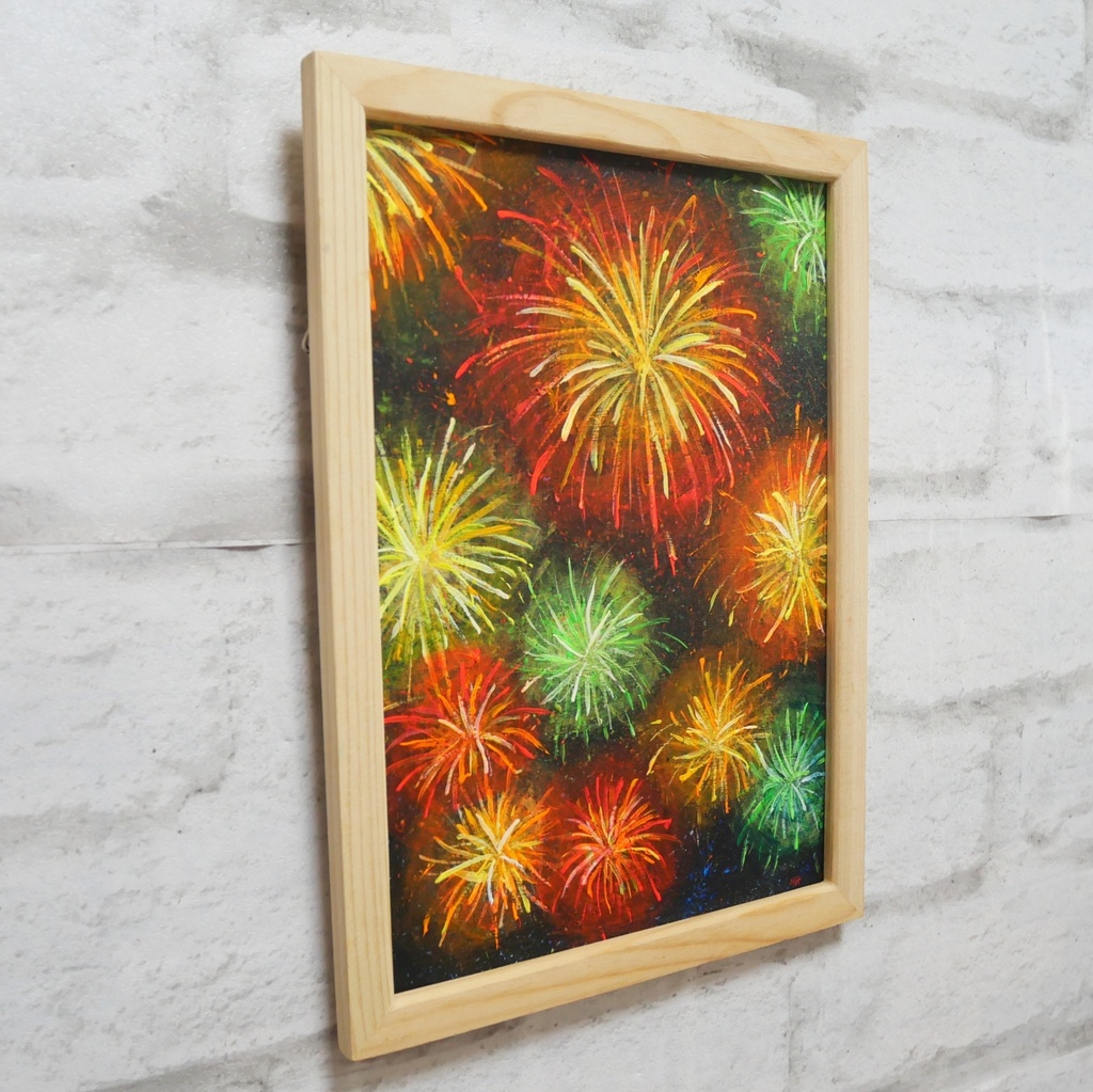 【百花繚乱の夜に】 油絵 原画 『花火』 額縁付き / 夏のインテリア アート 絵画 壁掛け