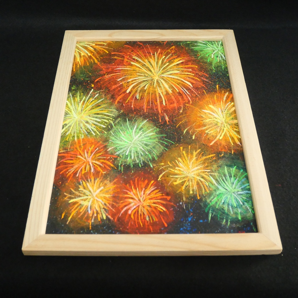【百花繚乱の夜に】 油絵 原画 『花火』 額縁付き / 夏のインテリア アート 絵画 壁掛け