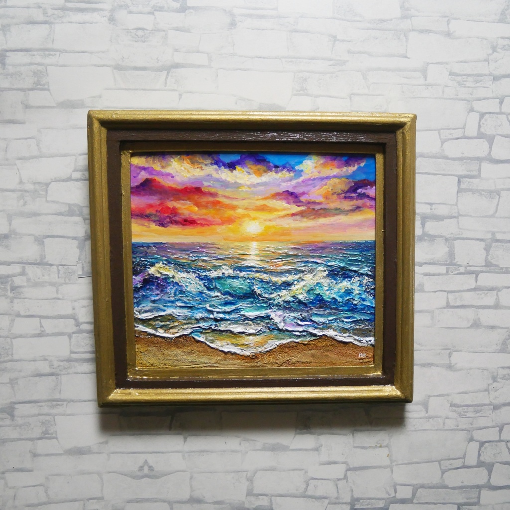 絵画 油絵【輝き満ちる海の夜明け】玄関やリビングの彩りに インテリアアート