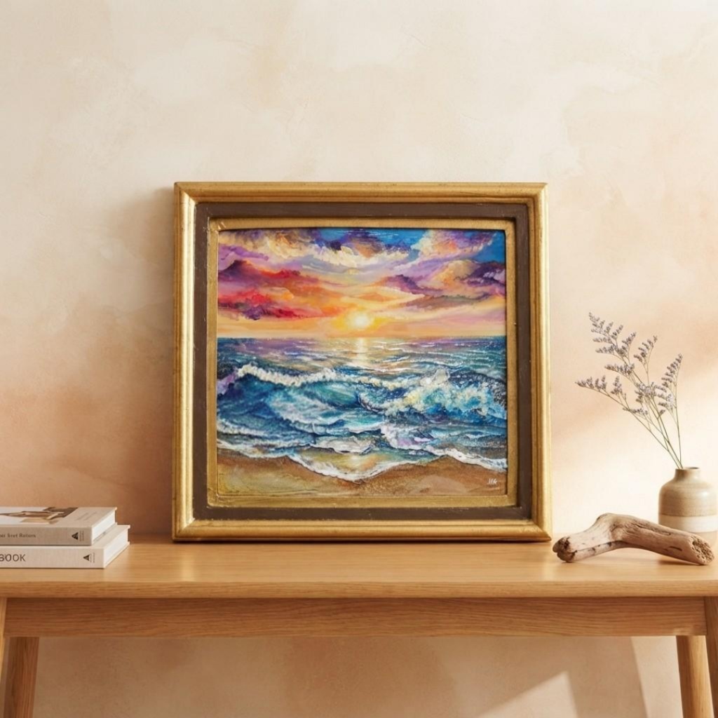 絵画 油絵【輝き満ちる海の夜明け】玄関やリビングの彩りに インテリアアート