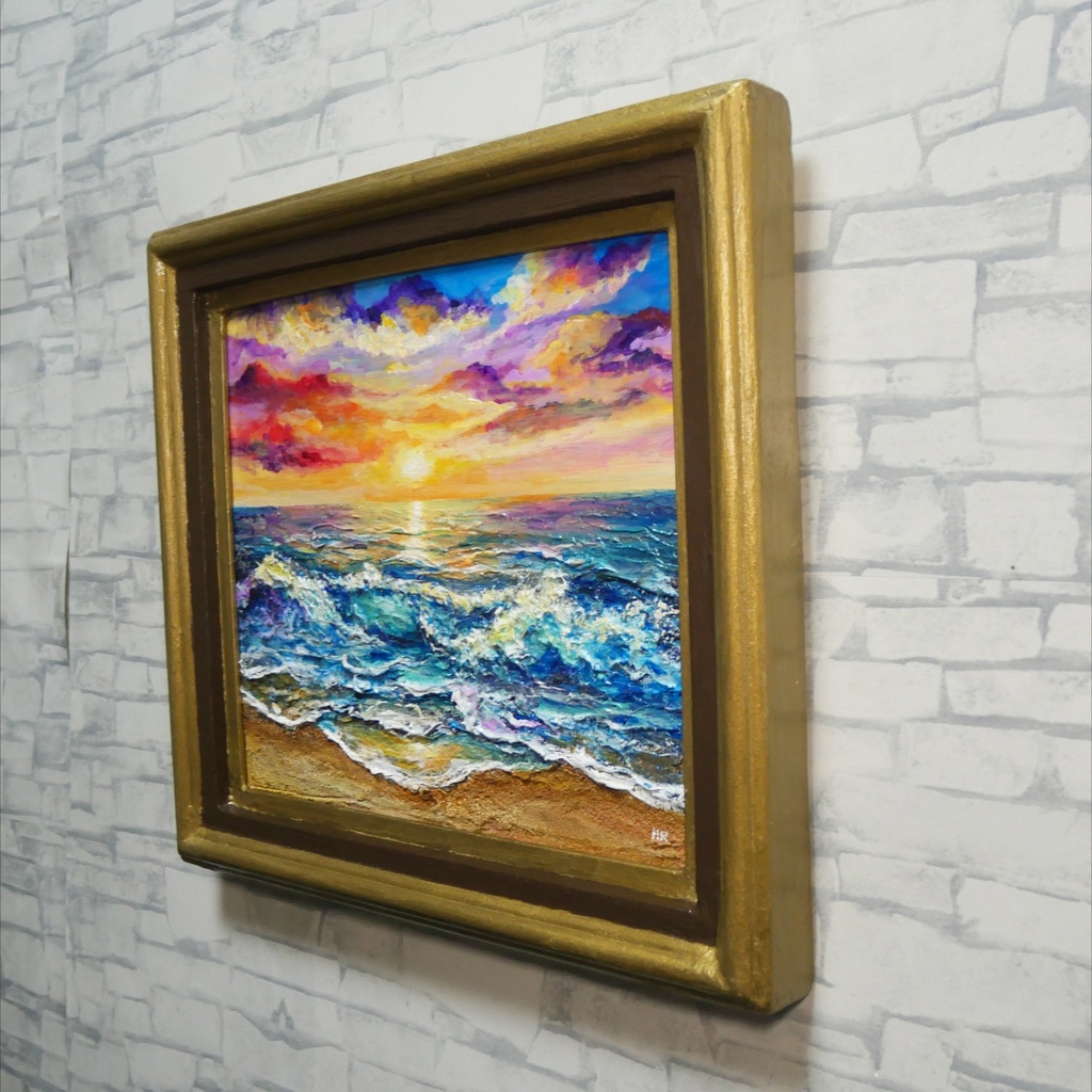 絵画 油絵【輝き満ちる海の夜明け】玄関やリビングの彩りに インテリアアート