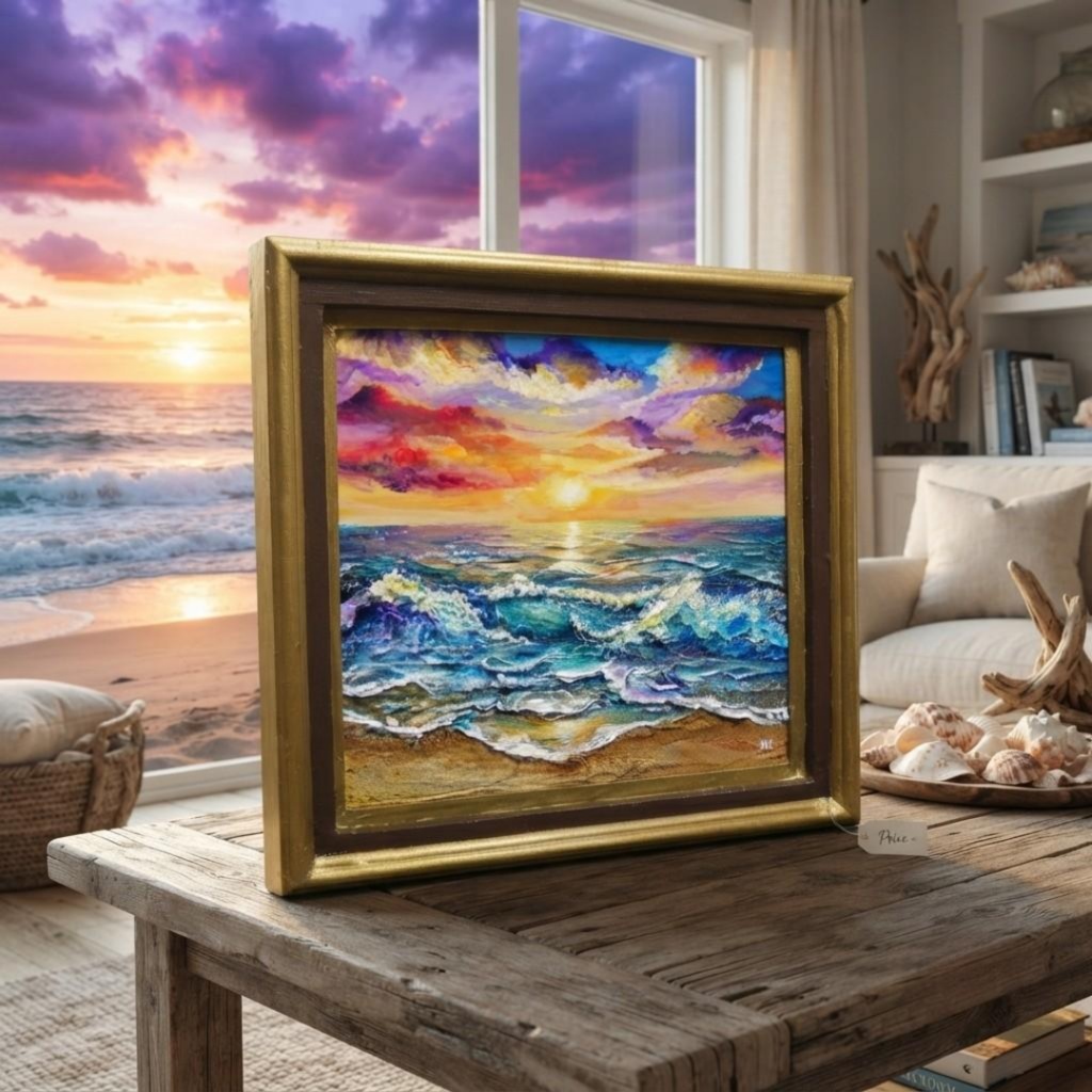 絵画 油絵【輝き満ちる海の夜明け】玄関やリビングの彩りに インテリアアート　