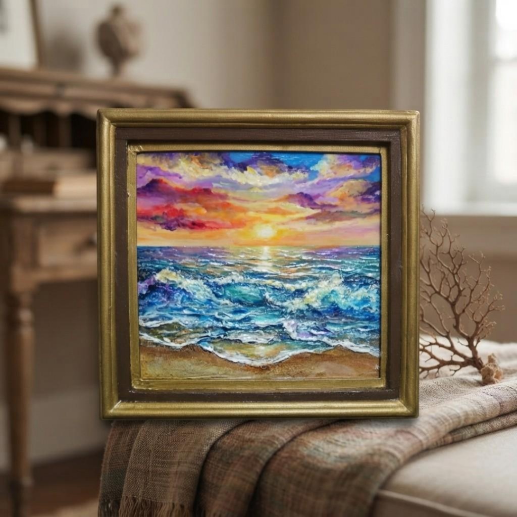 絵画 油絵【輝き満ちる海の夜明け】玄関やリビングの彩りに インテリアアート