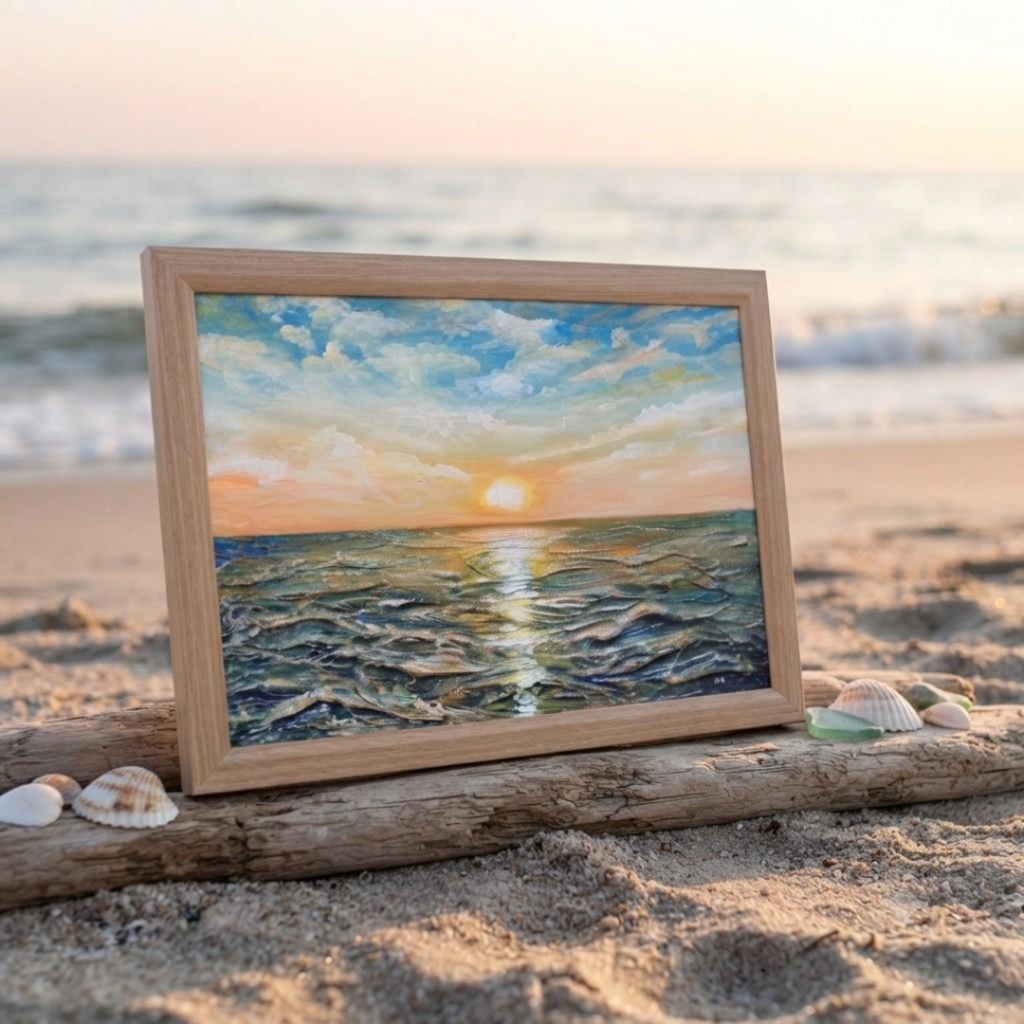 【黎明のポリフォニー】朝日の海 油絵 A4額縁付 / 夏の夕日 朝焼け 模様替え 開運