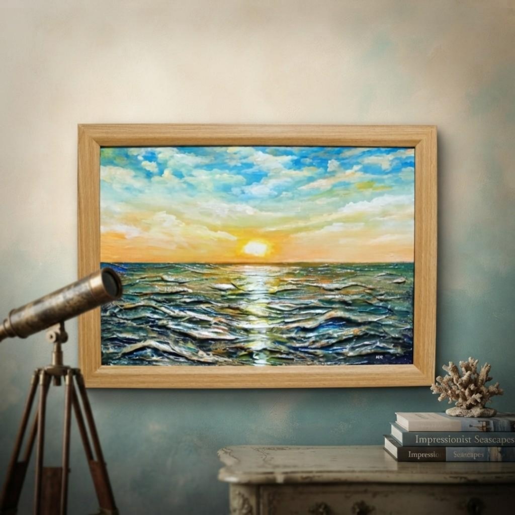 【黎明のポリフォニー】朝日の海 油絵 A4額縁付 / 夏の夕日 朝焼け 模様替え 開運