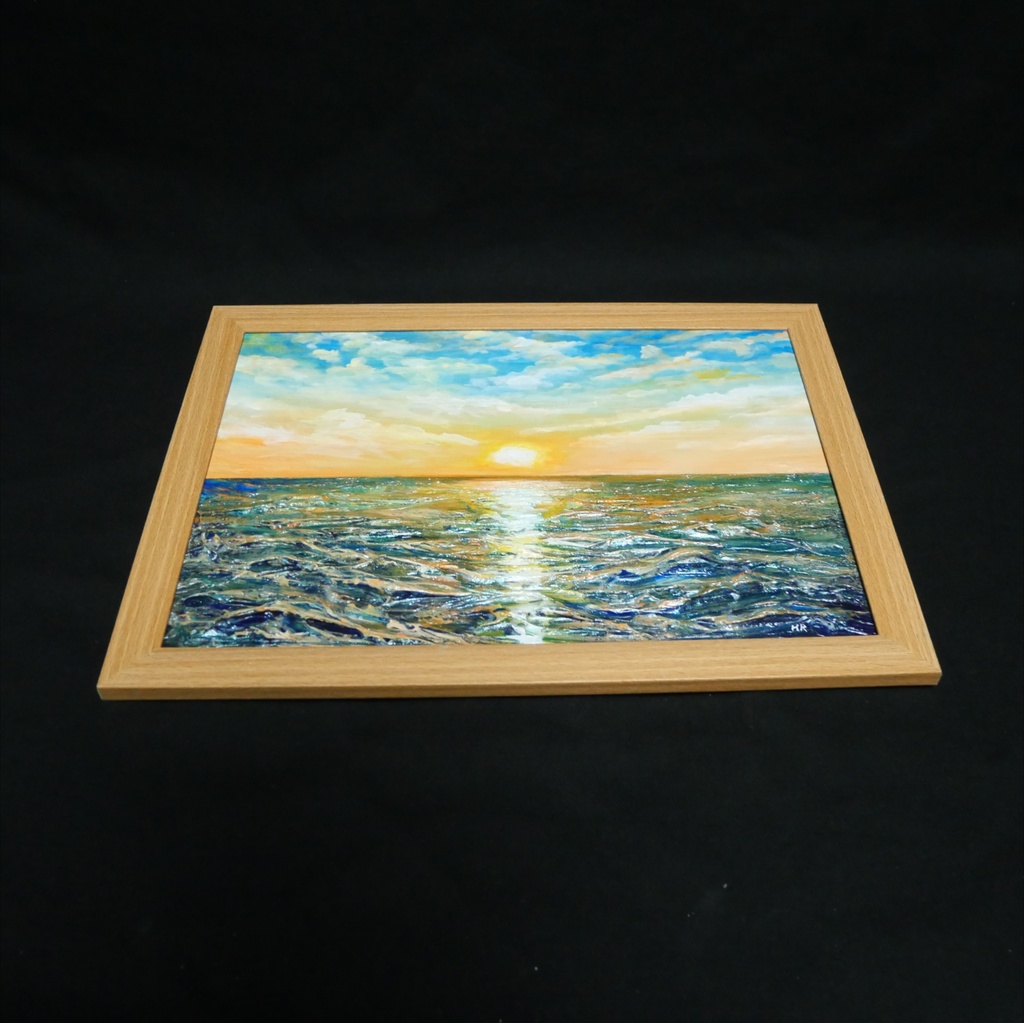 【黎明のポリフォニー】朝日の海 油絵 A4額縁付 / 夏の夕日 朝焼け 模様替え 開運