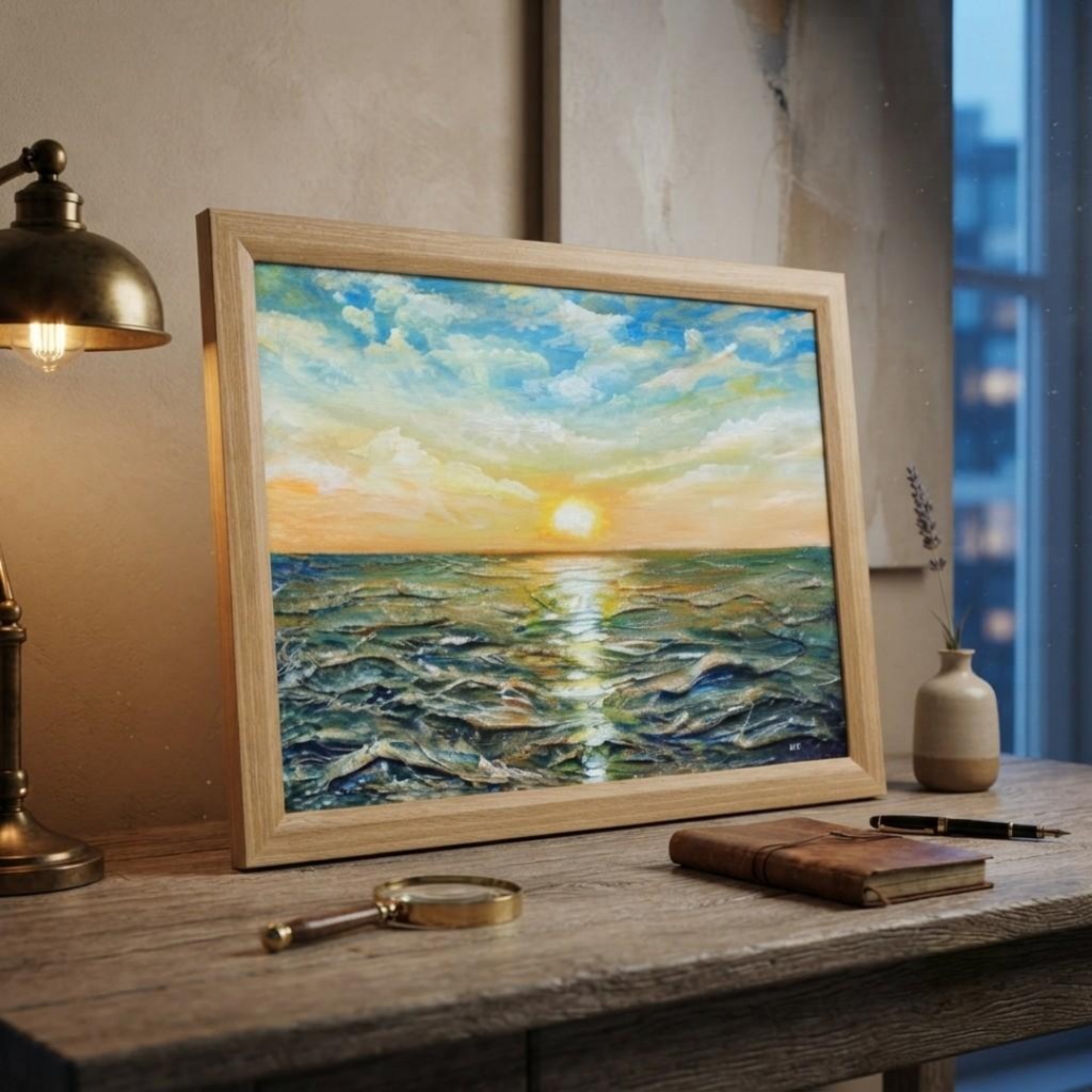 【黎明のポリフォニー】朝日の海 油絵 A4額縁付 / 夏の夕日 朝焼け 模様替え 開運