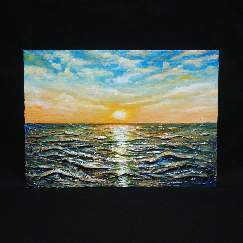 【黎明のポリフォニー】朝日の海 油絵 A4額縁付 / 夏の夕日 朝焼け 模様替え 開運