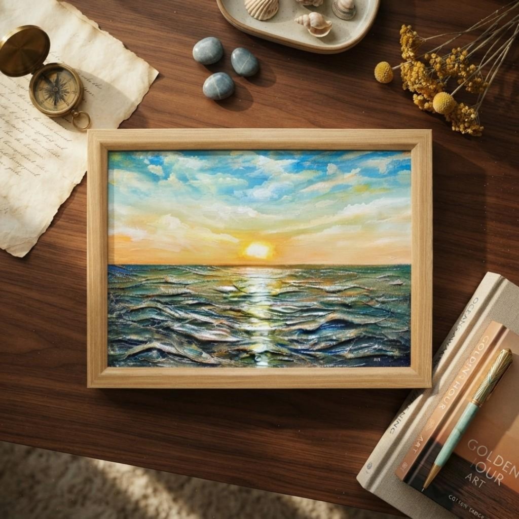 【黎明のポリフォニー】朝日の海 油絵 A4額縁付 / 夏の夕日 朝焼け 模様替え 開運