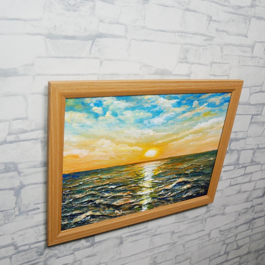 【黎明のポリフォニー】朝日の海 油絵 A4額縁付 / 夏の夕日 朝焼け 模様替え 開運