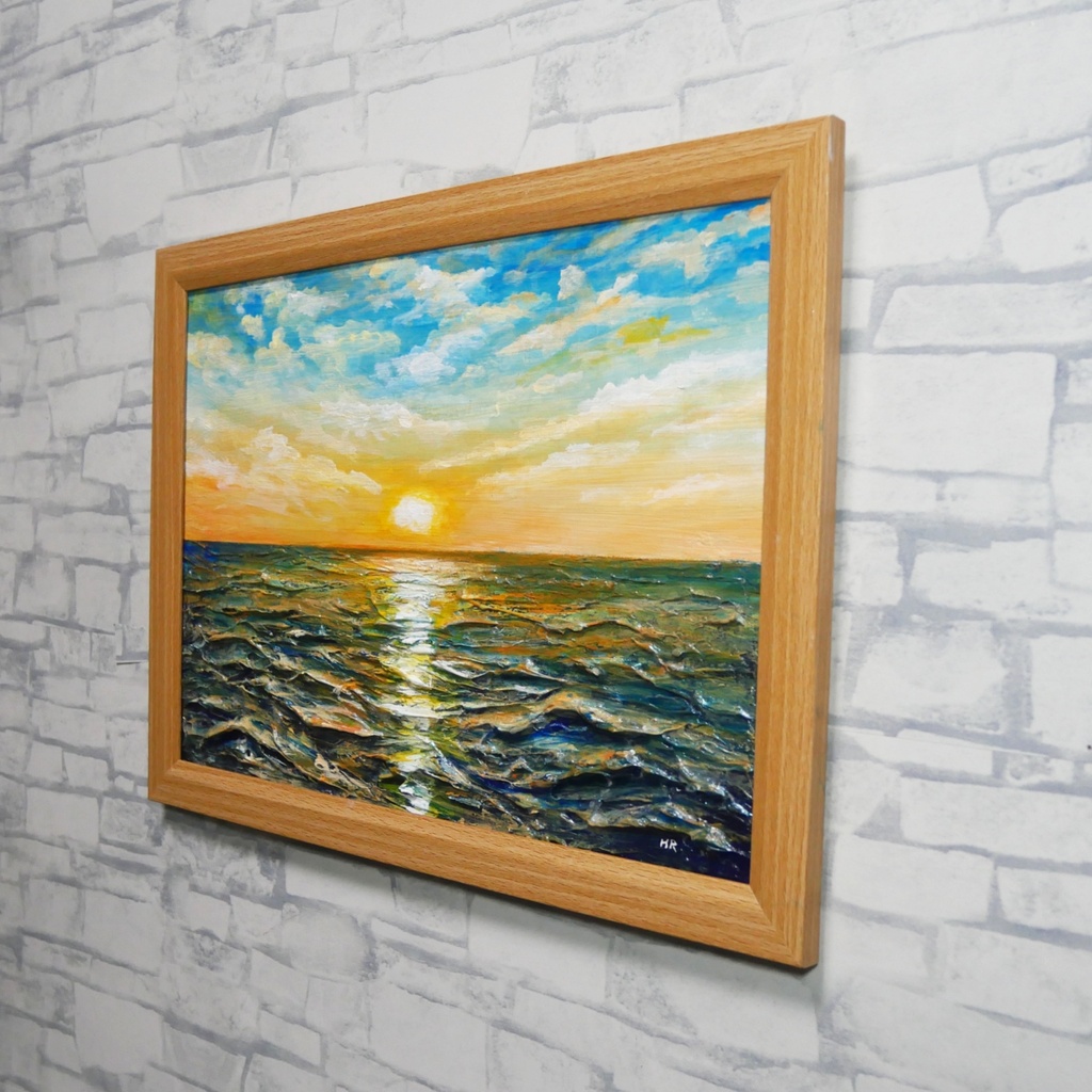 【黎明のポリフォニー】朝日の海 油絵 A4額縁付 / 夏の夕日 朝焼け 模様替え 開運