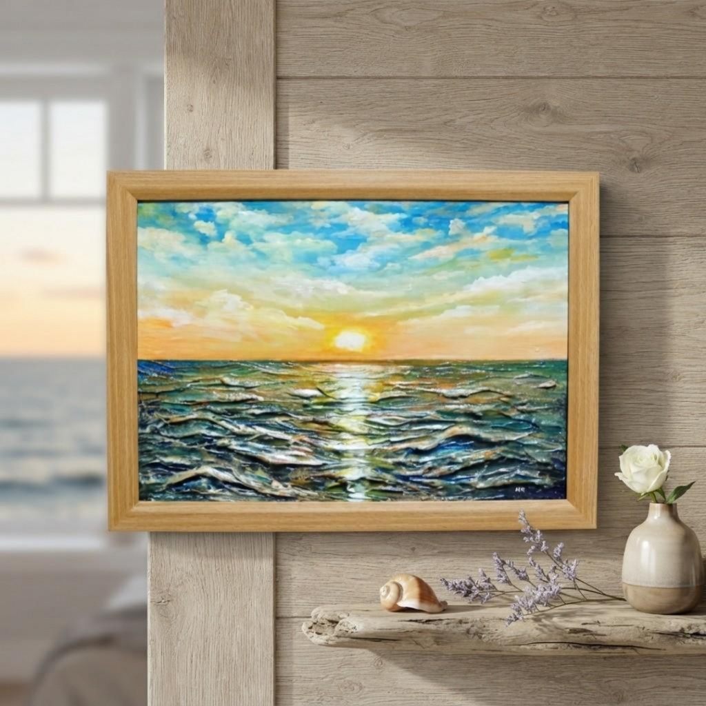 【黎明のポリフォニー】朝日の海 油絵 A4額縁付 / 夏の夕日 朝焼け 模様替え 開運