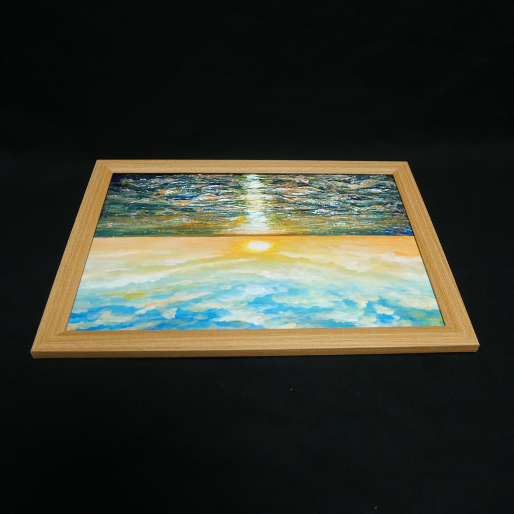 【黎明のポリフォニー】朝日の海 油絵 A4額縁付 / 夏の夕日 朝焼け 模様替え 開運