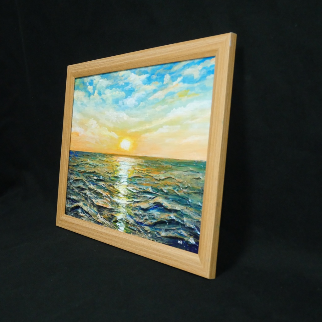 【黎明のポリフォニー】朝日の海 油絵 A4額縁付 / 夏の夕日 朝焼け 模様替え 開運