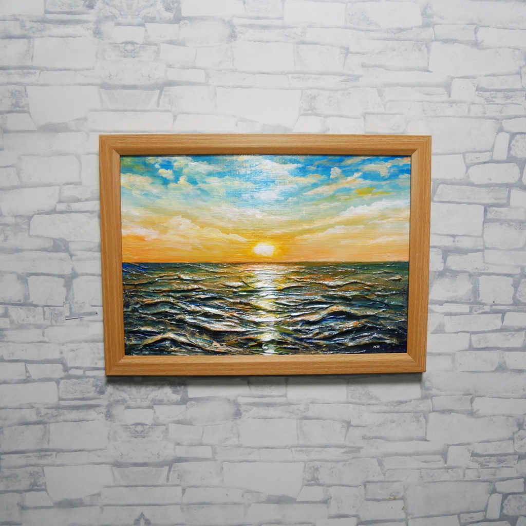 【黎明のポリフォニー】朝日の海 油絵 A4額縁付 / 夏の夕日 朝焼け 模様替え 開運