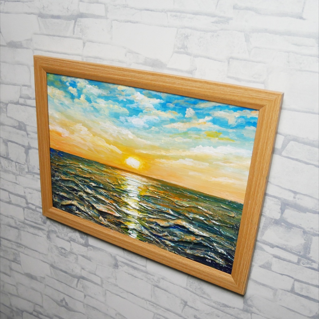 【黎明のポリフォニー】朝日の海 油絵 A4額縁付 / 夏の夕日 朝焼け 模様替え 開運