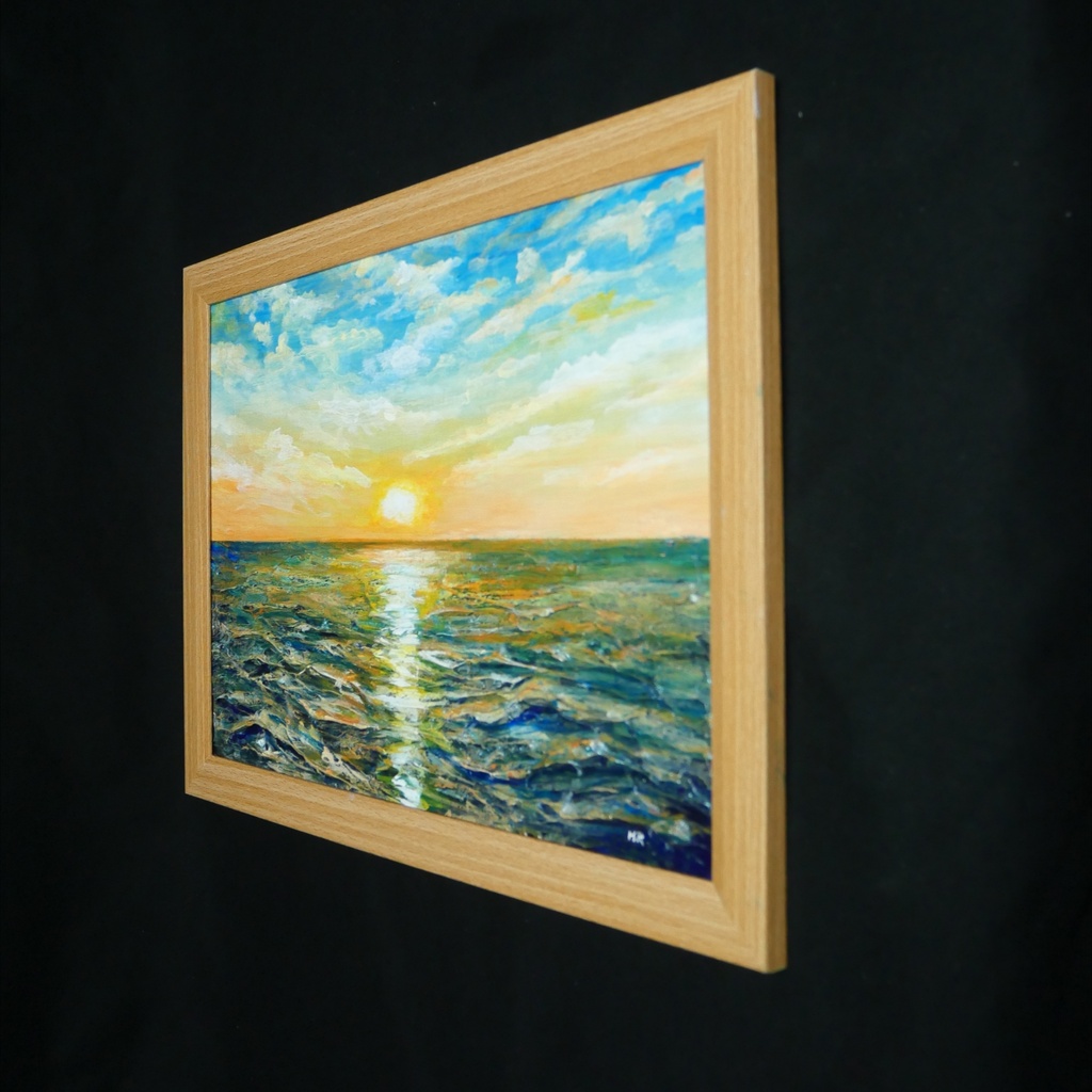 【黎明のポリフォニー】朝日の海 油絵 A4額縁付 / 夏の夕日 朝焼け 模様替え 開運