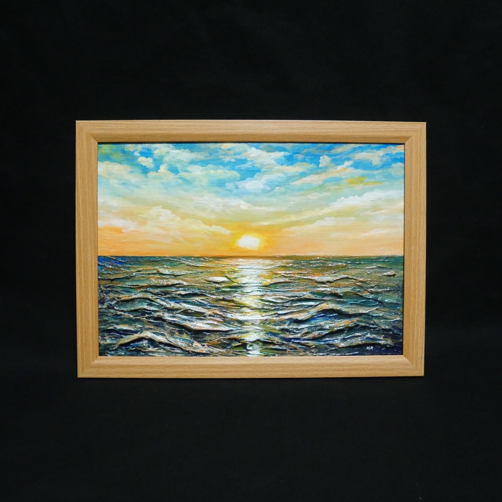 【黎明のポリフォニー】朝日の海 油絵 A4額縁付 / 夏の夕日 朝焼け 模様替え 開運