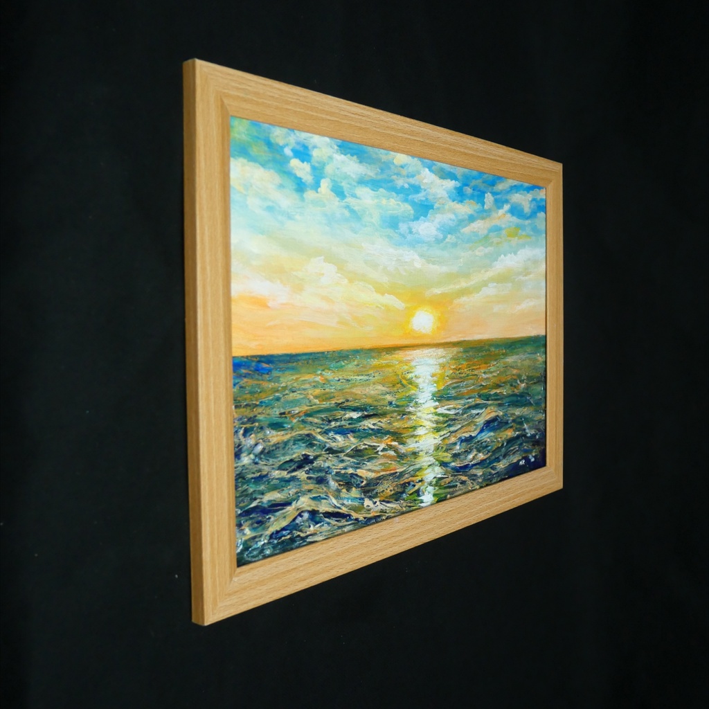 【黎明のポリフォニー】朝日の海 油絵 A4額縁付 / 夏の夕日 朝焼け 模様替え 開運