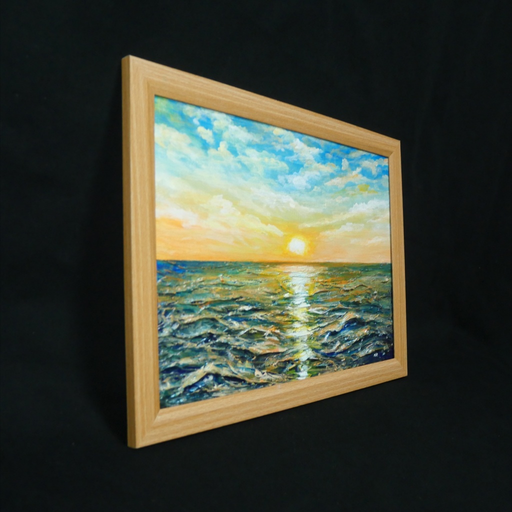 【黎明のポリフォニー】朝日の海 油絵 A4額縁付 / 夏の夕日 朝焼け 模様替え 開運