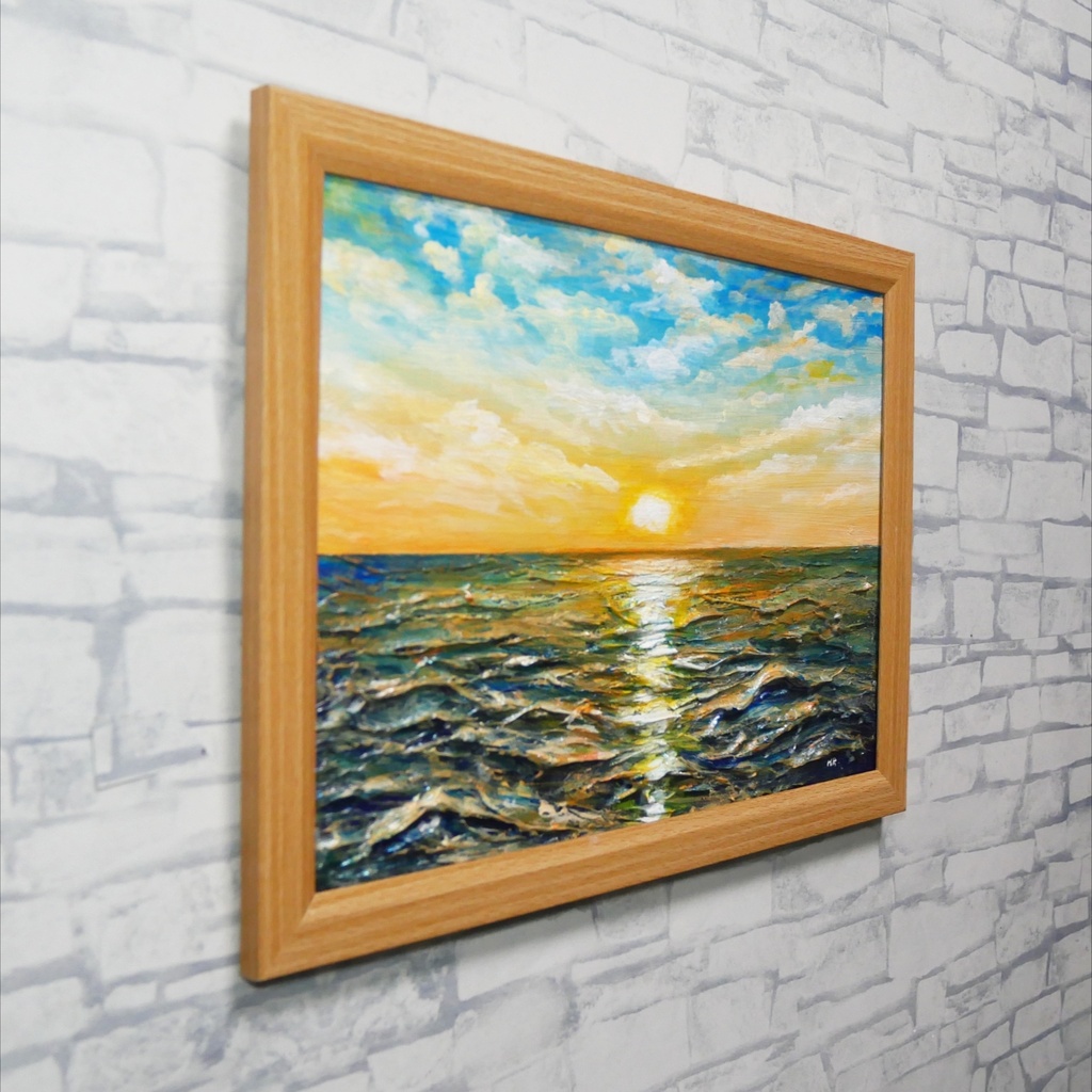 【黎明のポリフォニー】朝日の海 油絵 A4額縁付 / 夏の夕日 朝焼け 模様替え 開運