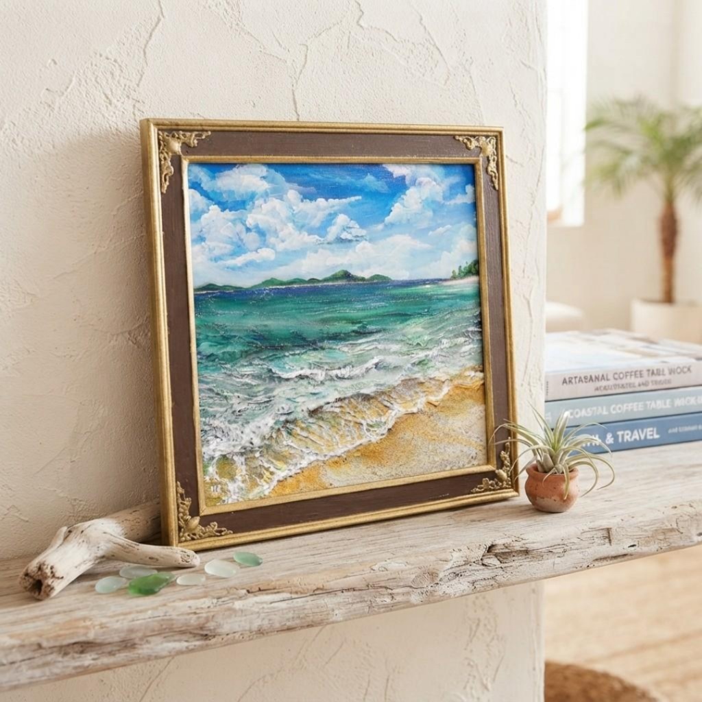 【油絵原画】エメラルド・エスケープ 〜夏のきらめく海と白波の風景〜 額縁付きインテリアアート