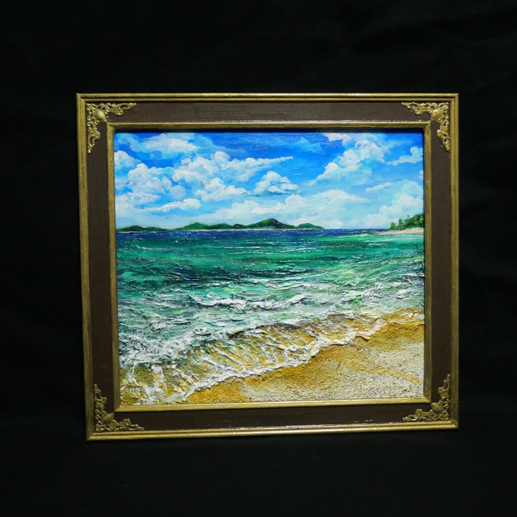 【油絵原画】エメラルド・エスケープ 〜夏のきらめく海と白波の風景〜 額縁付きインテリアアート