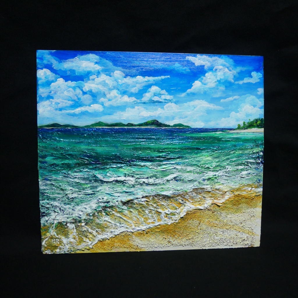 【油絵原画】エメラルド・エスケープ 〜夏のきらめく海と白波の風景〜 額縁付きインテリアアート