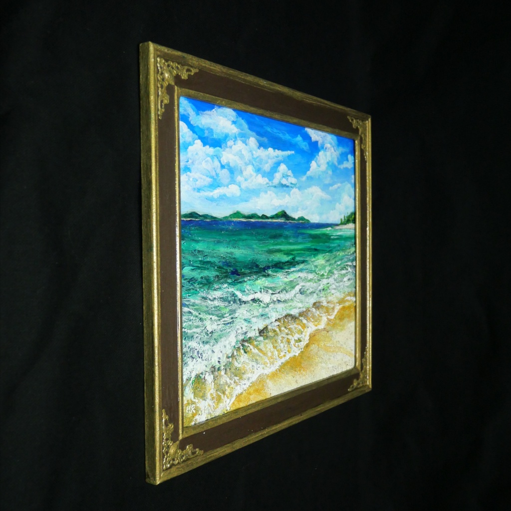 【油絵原画】エメラルド・エスケープ 〜夏のきらめく海と白波の風景〜 額縁付きインテリアアート