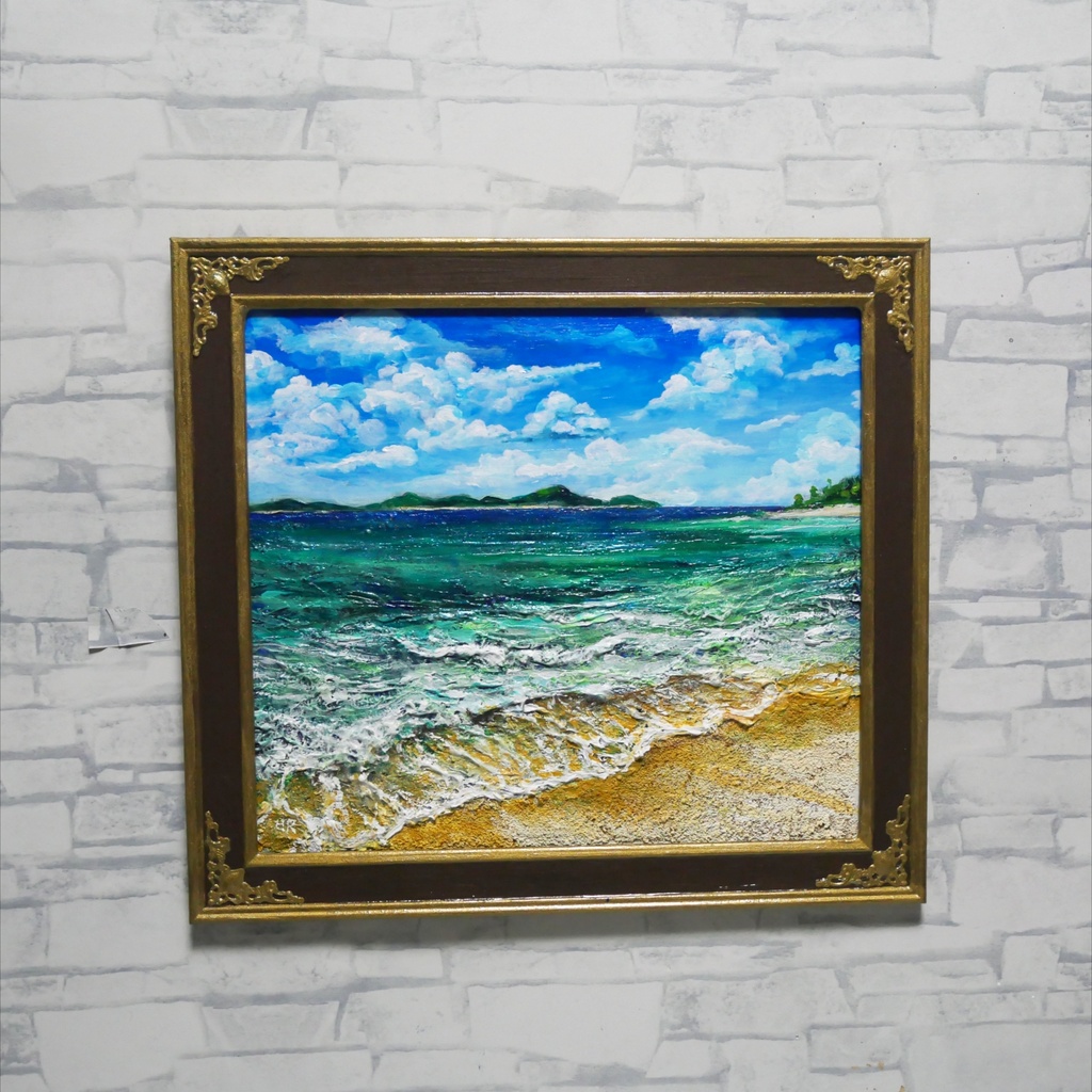 【油絵原画】エメラルド・エスケープ 〜夏のきらめく海と白波の風景〜 額縁付きインテリアアート