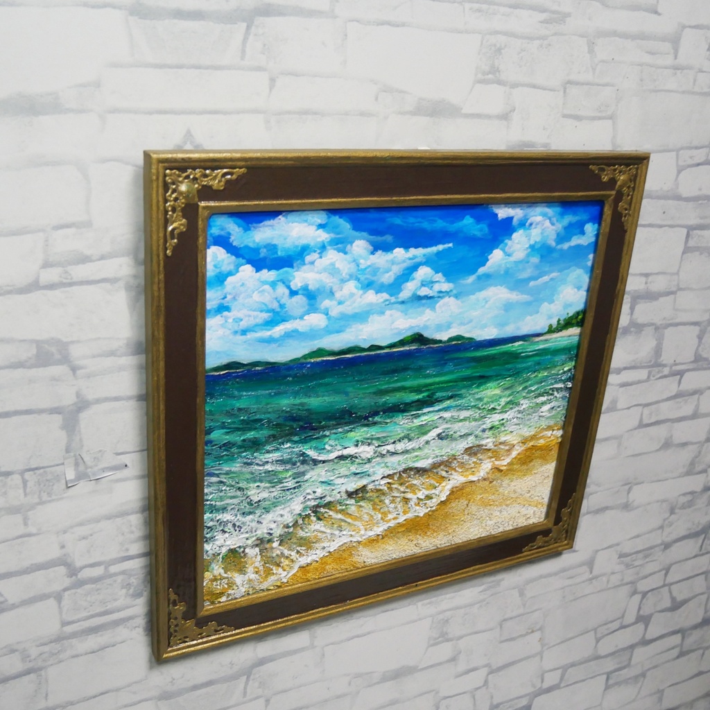 【油絵原画】エメラルド・エスケープ 〜夏のきらめく海と白波の風景〜 額縁付きインテリアアート