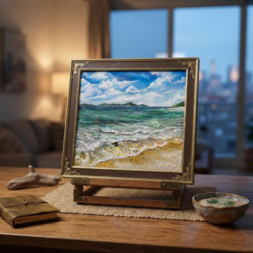 【油絵原画】エメラルド・エスケープ 〜夏のきらめく海と白波の風景〜 額縁付きインテリアアート