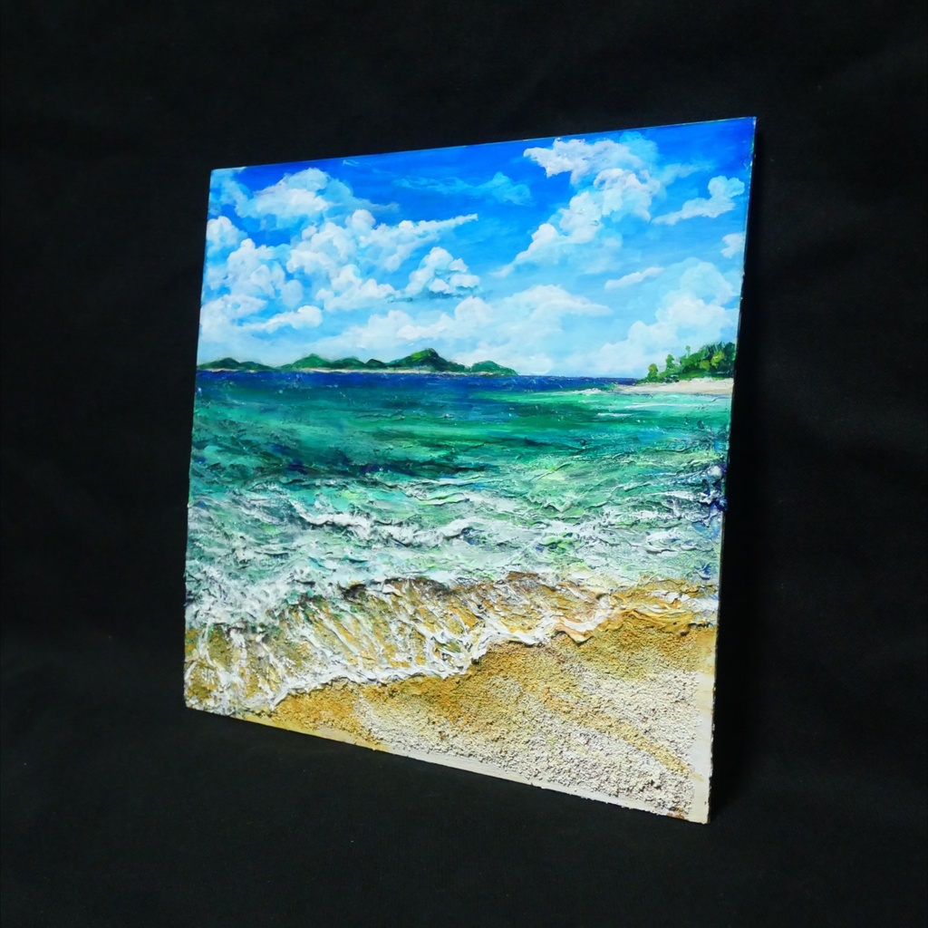 【油絵原画】エメラルド・エスケープ 〜夏のきらめく海と白波の風景〜 額縁付きインテリアアート