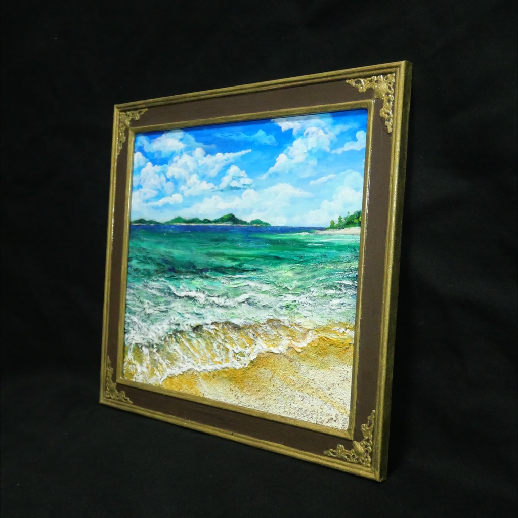 【油絵原画】エメラルド・エスケープ 〜夏のきらめく海と白波の風景〜 額縁付きインテリアアート