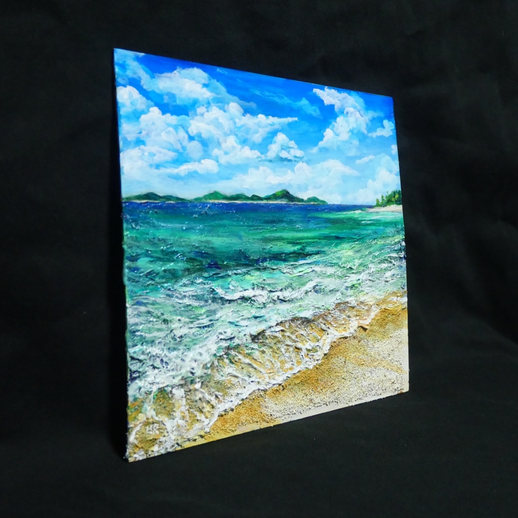 【油絵原画】エメラルド・エスケープ 〜夏のきらめく海と白波の風景〜 額縁付きインテリアアート