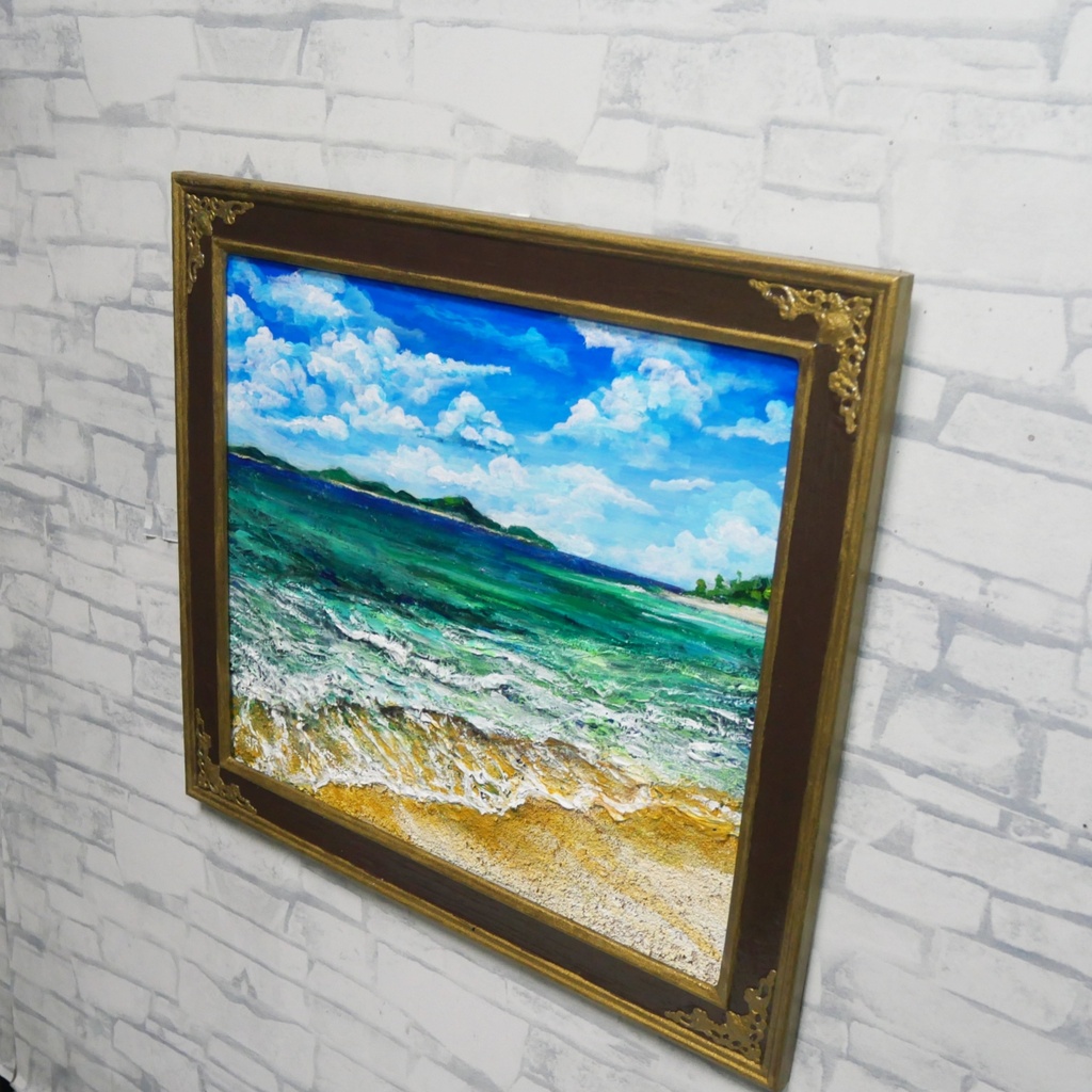 【油絵原画】エメラルド・エスケープ 〜夏のきらめく海と白波の風景〜 額縁付きインテリアアート