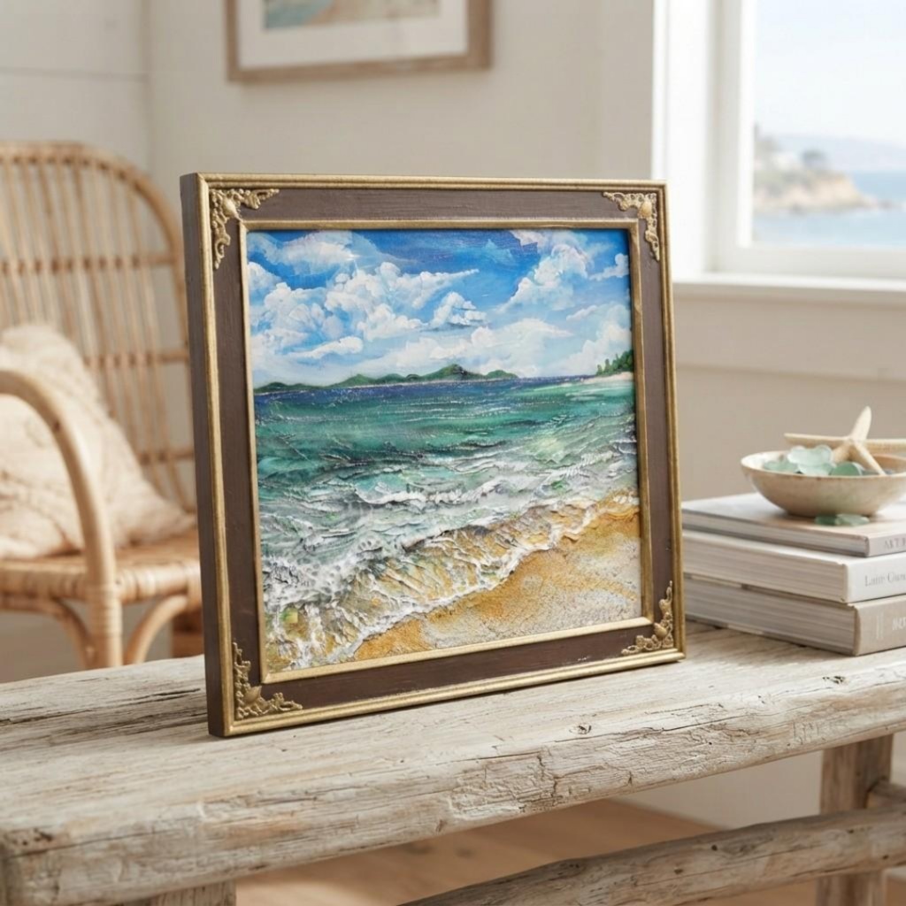【油絵原画】エメラルド・エスケープ 〜夏のきらめく海と白波の風景〜 額縁付きインテリアアート