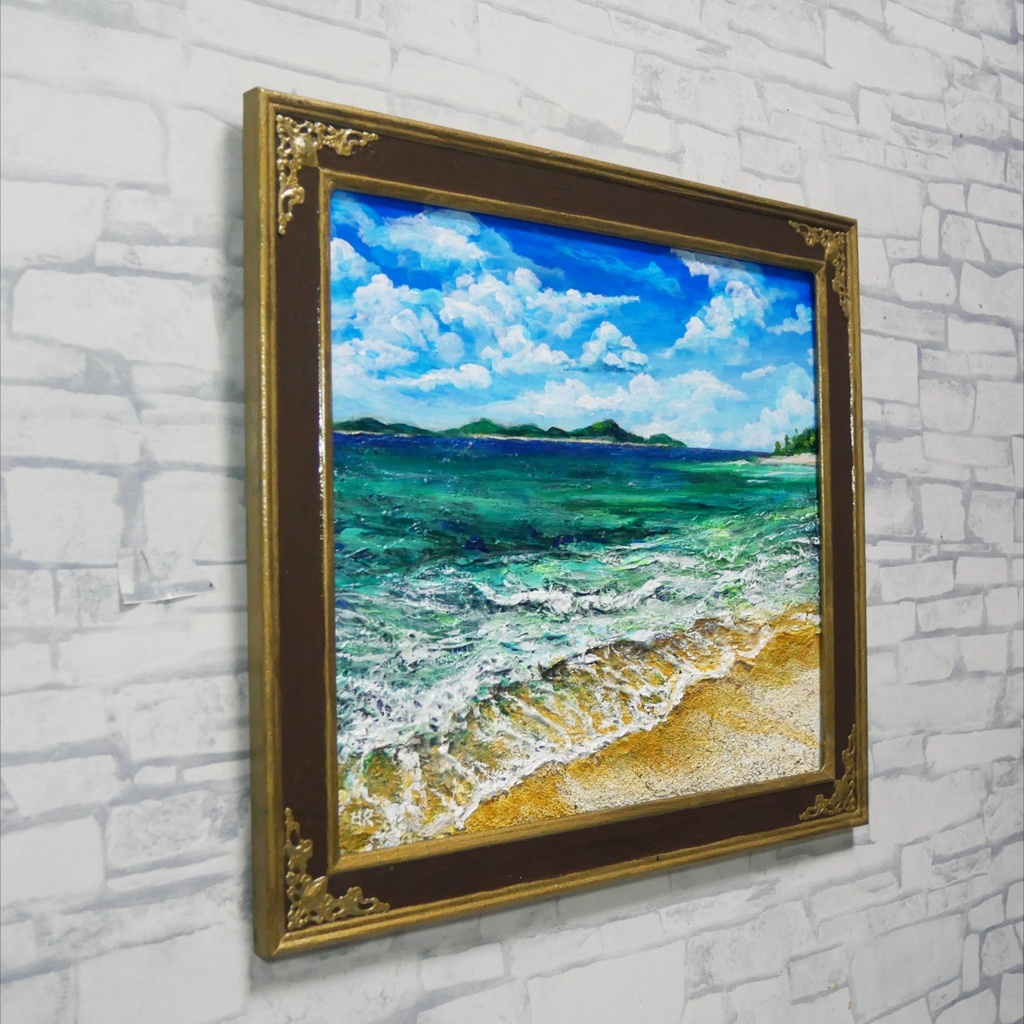 【油絵原画】エメラルド・エスケープ 〜夏のきらめく海と白波の風景〜 額縁付きインテリアアート
