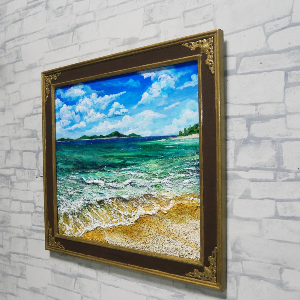 【油絵原画】エメラルド・エスケープ 〜夏のきらめく海と白波の風景〜 額縁付きインテリアアート