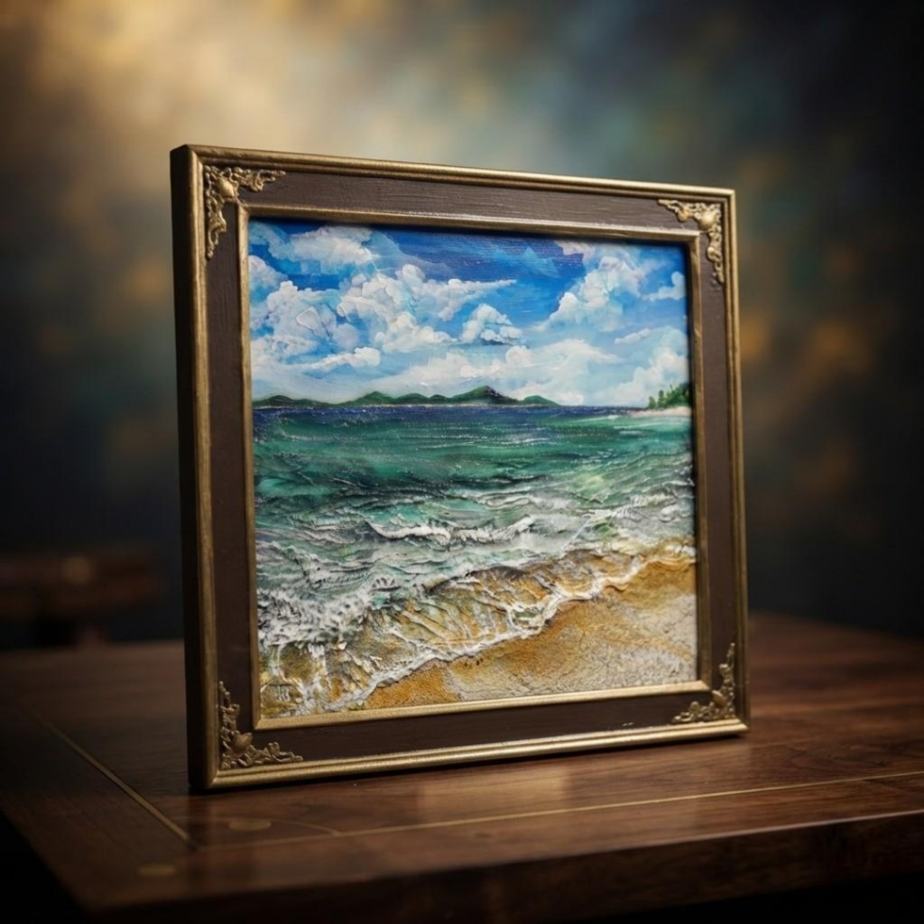 【油絵原画】エメラルド・エスケープ 〜夏のきらめく海と白波の風景〜 額縁付きインテリアアート
