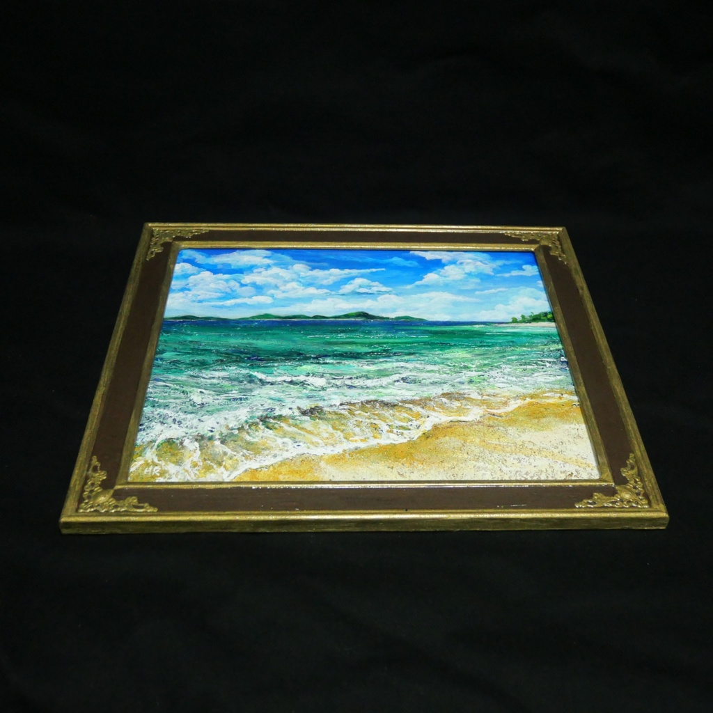【油絵原画】エメラルド・エスケープ 〜夏のきらめく海と白波の風景〜 額縁付きインテリアアート
