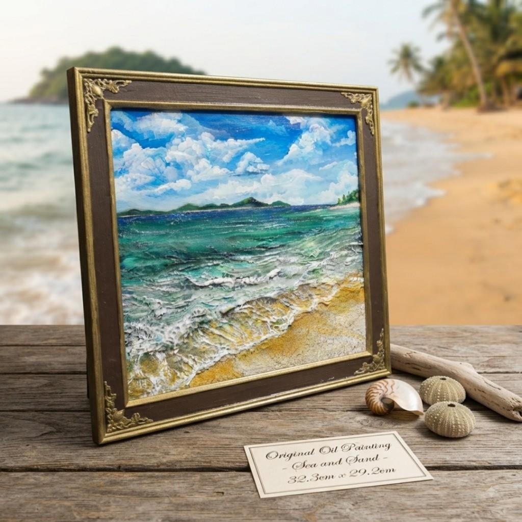 【油絵原画】エメラルド・エスケープ 〜夏のきらめく海と白波の風景〜 額縁付きインテリアアート