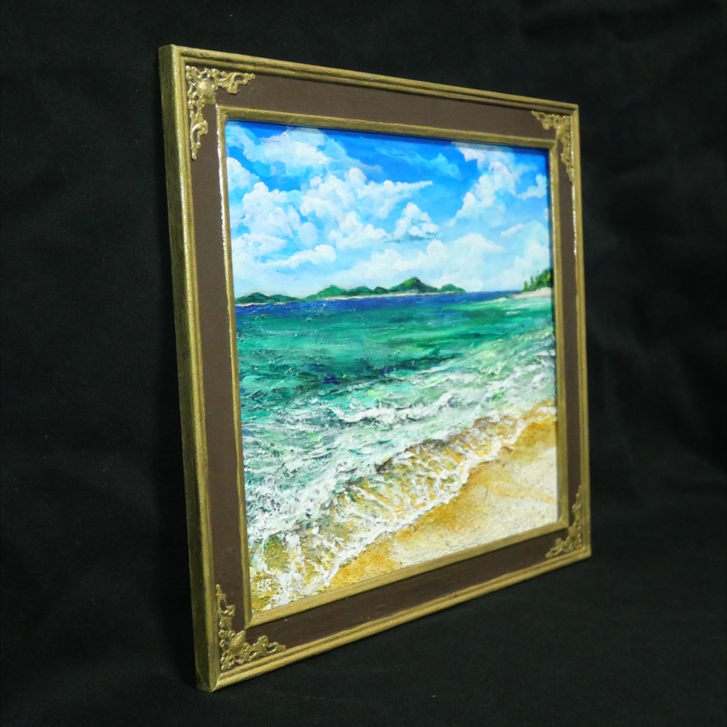 【油絵原画】エメラルド・エスケープ 〜夏のきらめく海と白波の風景〜 額縁付きインテリアアート