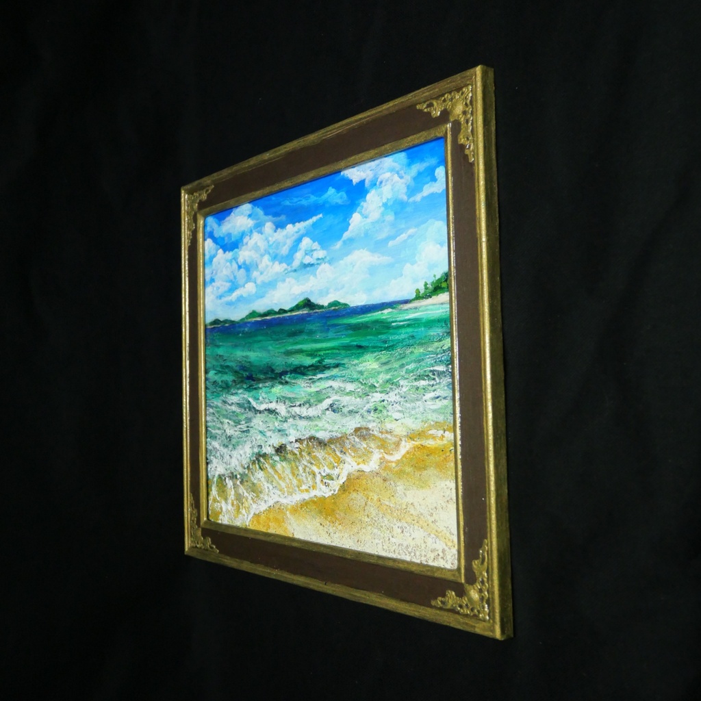 【油絵原画】エメラルド・エスケープ 〜夏のきらめく海と白波の風景〜 額縁付きインテリアアート