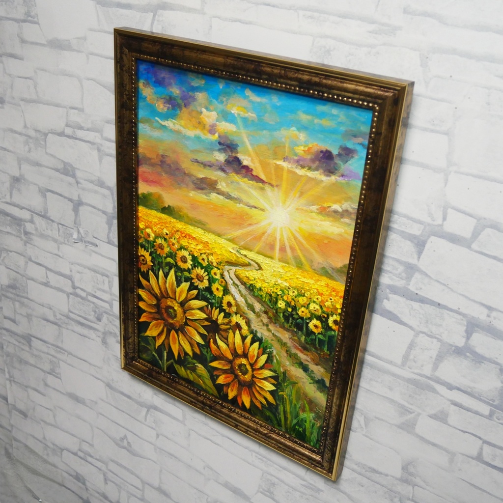 輝く太陽とひまわり畑の情景【陽光のパノラマ 〜ひまわりの祝祭〜】額装アート 油彩 A4原画