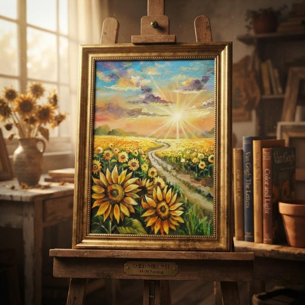 輝く太陽とひまわり畑の情景【陽光のパノラマ 〜ひまわりの祝祭〜】額装アート 油彩 A4原画