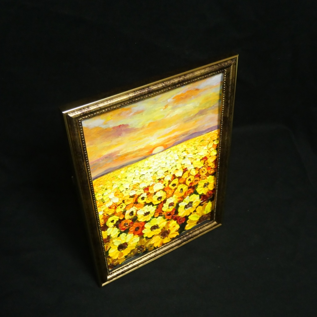 【油絵/A4原画】光華のひまわり ~溢れる太陽の恵み~(アンティーク調額縁・スタンド付き)ひまわり畑 夕景インテリア