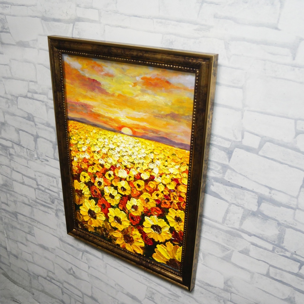 【油絵/A4原画】光華のひまわり ~溢れる太陽の恵み~(アンティーク調額縁・スタンド付き)ひまわり畑 夕景インテリア