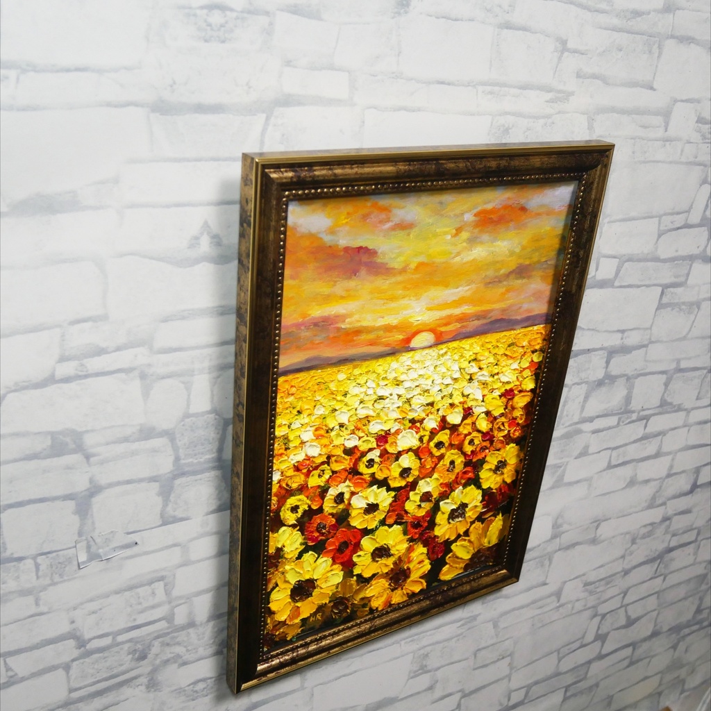 【油絵/A4原画】光華のひまわり ~溢れる太陽の恵み~(アンティーク調額縁・スタンド付き)ひまわり畑 夕景インテリア